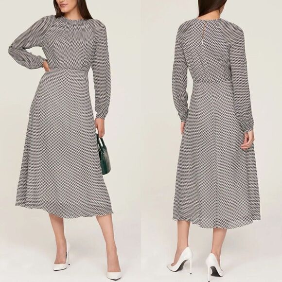 L.K. Bennett Dresses & Skirts - L.K. BENNETT Addison Dress Womens 2 Navy Geometric Midi Long Sleeve Viscose